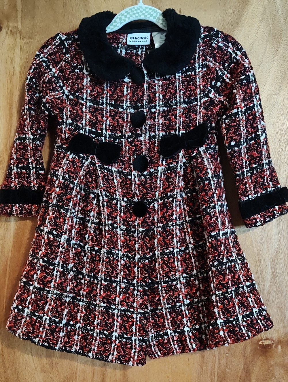 BLUEBERi boulevard Girls Formal Coat Plaid Red Black Faux Fur Velvet Sequined 5T